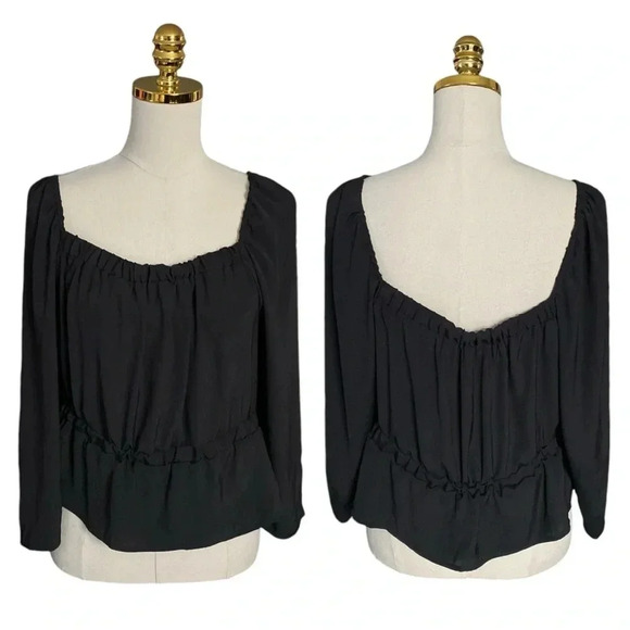 7 FOR ALL MANKIND Black Puff Sleeve Square Neckline Peplum Satin Blouse Size XL - Picture 4 of 8